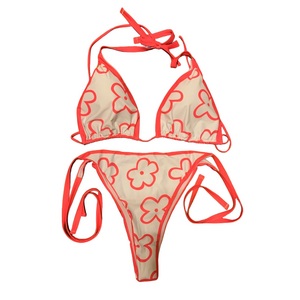 Y2K Hot Pink White Floral String Bikini Set XXL Halter Tie Side Swimsuit